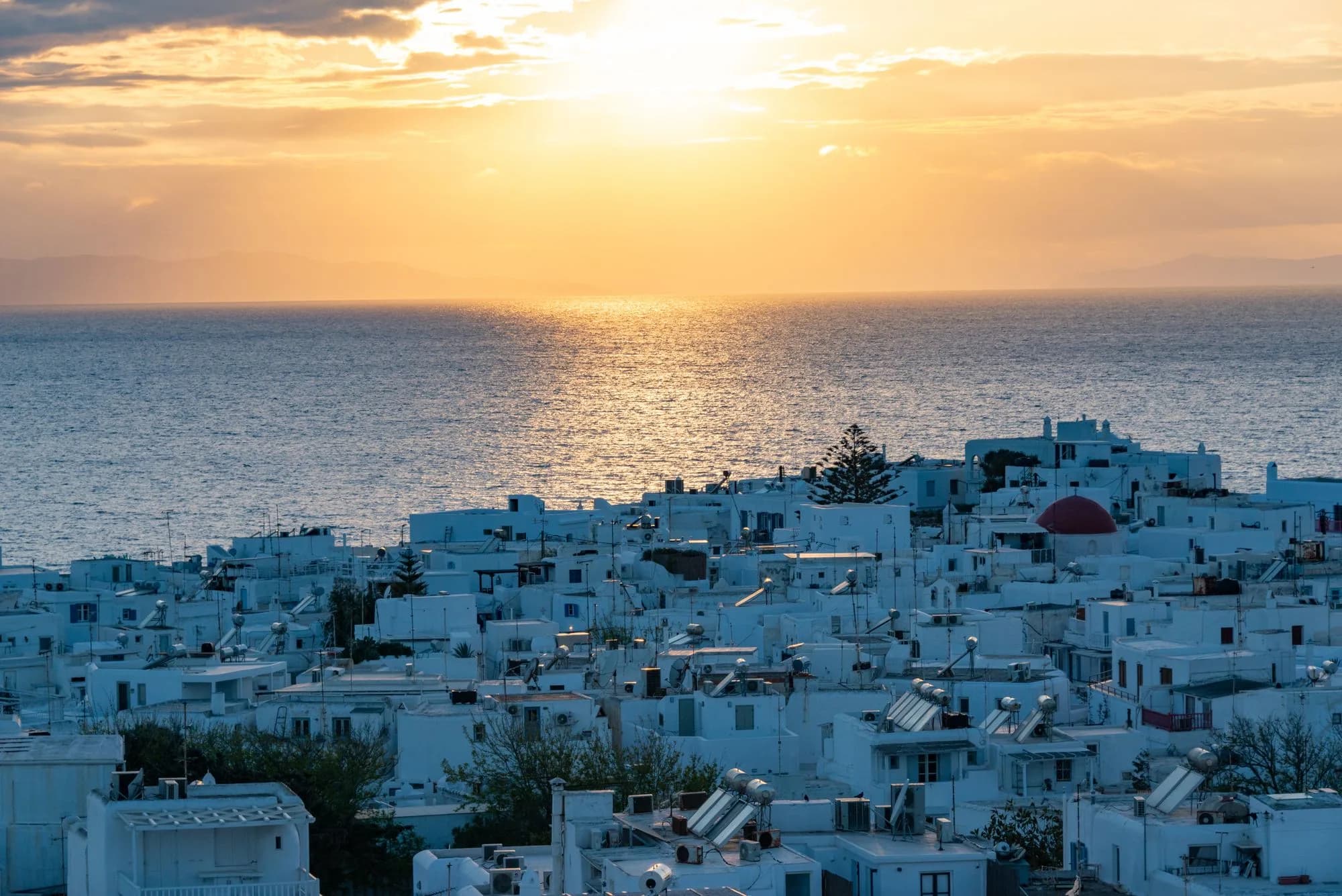 Mykonos town at sunset over the Aegean